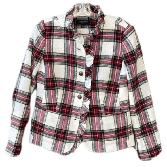 Talbots women jacket Size 10 Shetland Plaid Ruffle Trim Wool Jacket - Picture 3 of 11
